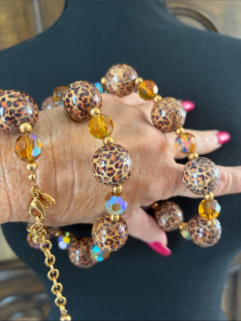 Joan Rivers Leopard Print Bead Necklace in Amber and Iridescent